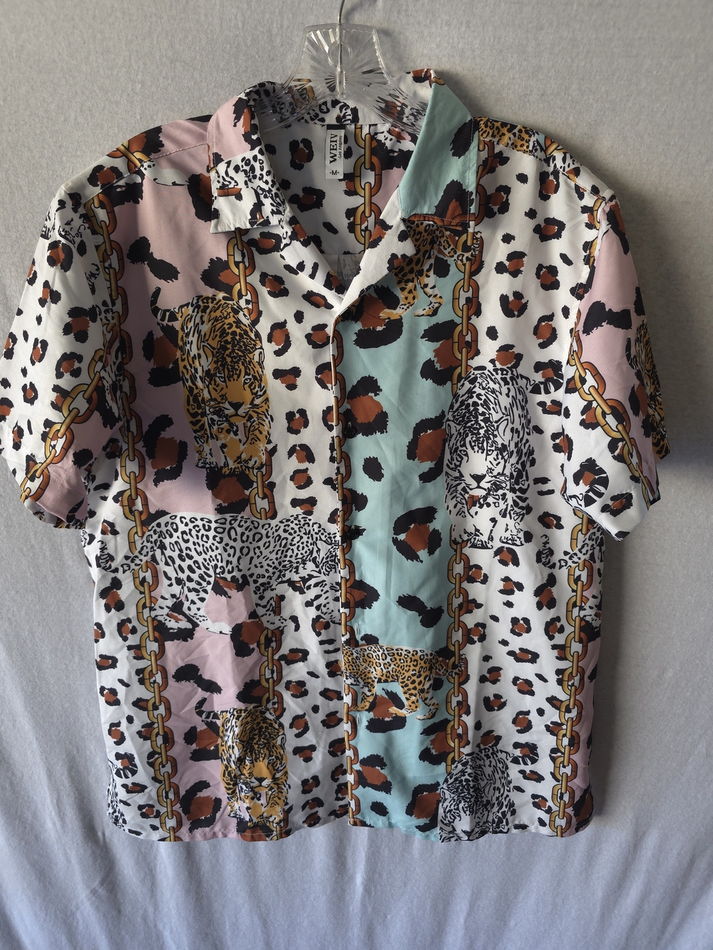 Leopard & Chain Print Short-Sleeve Button-Down Shirt - White/Pink/Green